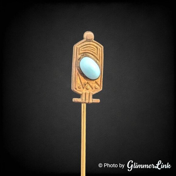 Antique Egyptian Style Slanted Oval Blue Stone Gold Tone Stick Pin - Picture 1 of 12